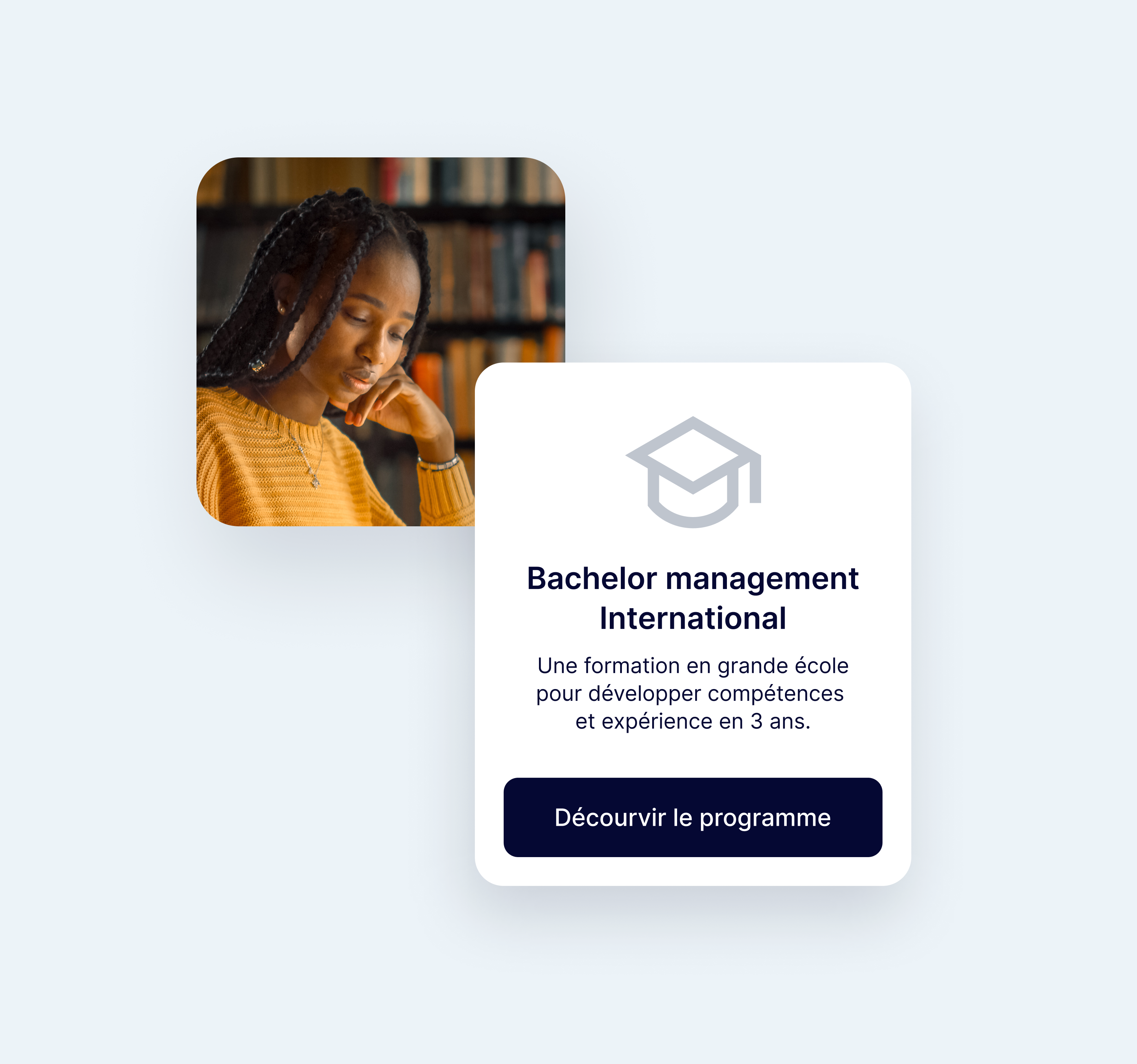 Illustration d'une card de bachelor management international avec une description et un bouton d'action, image d'un(e) étudiant(e) en arrière plan