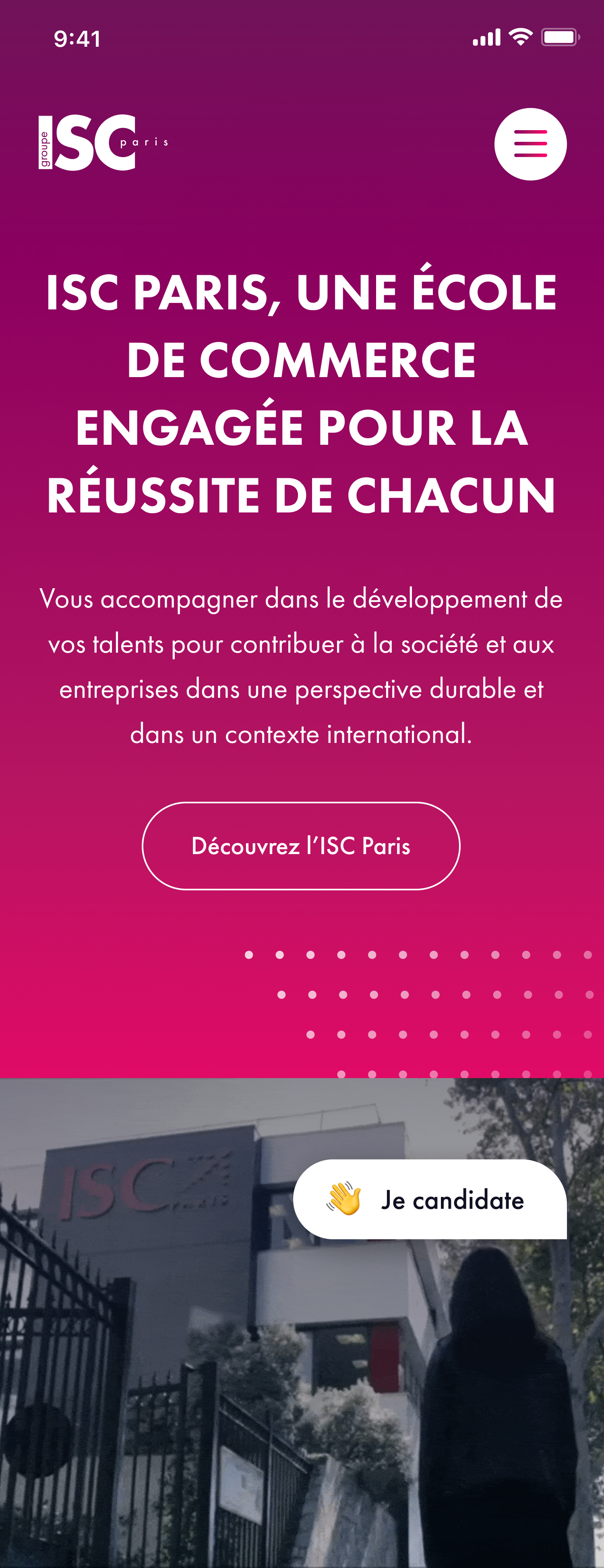 Page d'accueil du site ISC en version téléphone mobile